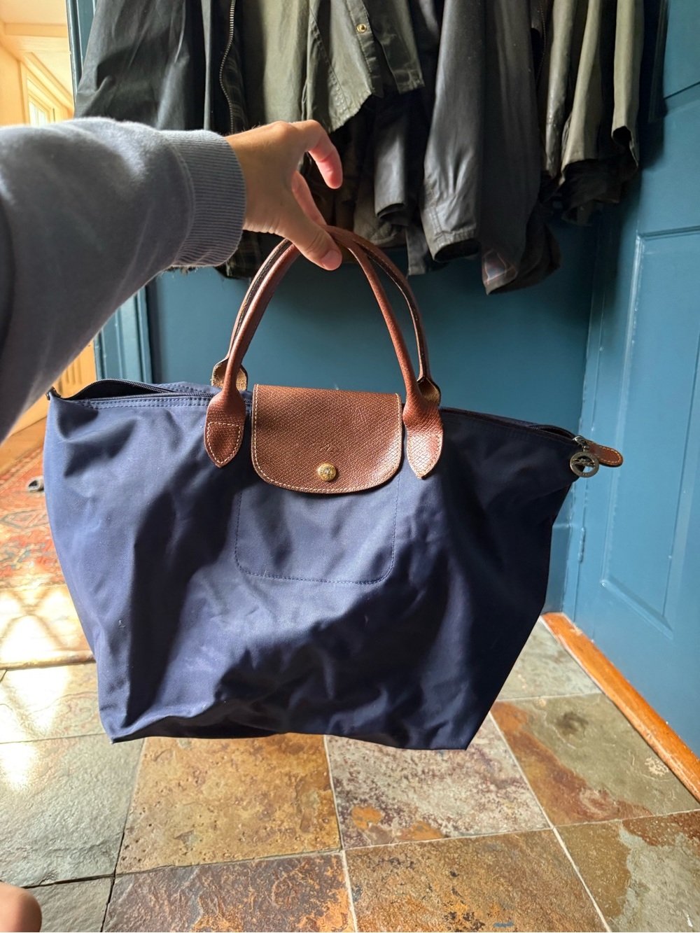 Longchamp Navy and Brown Leather Top-Handle Tote